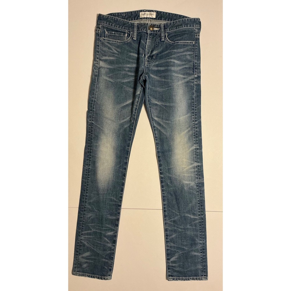 VTG Y2K VANQUISH Mens Blue Distressed Slim Fit Jeans 30x31 Mid Wash Japan‎ Made